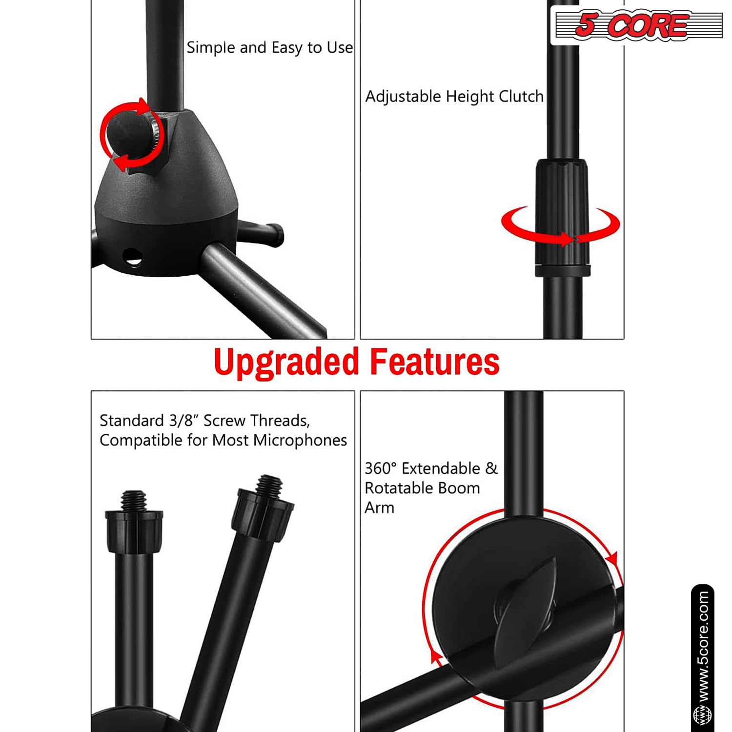 5 Core Tripod Mic Stand Floor Adjustable 31 to 76 Inches Boom Arm Holder Microphone Stands 360 Degree Rotating + Dual Mic MS DBL